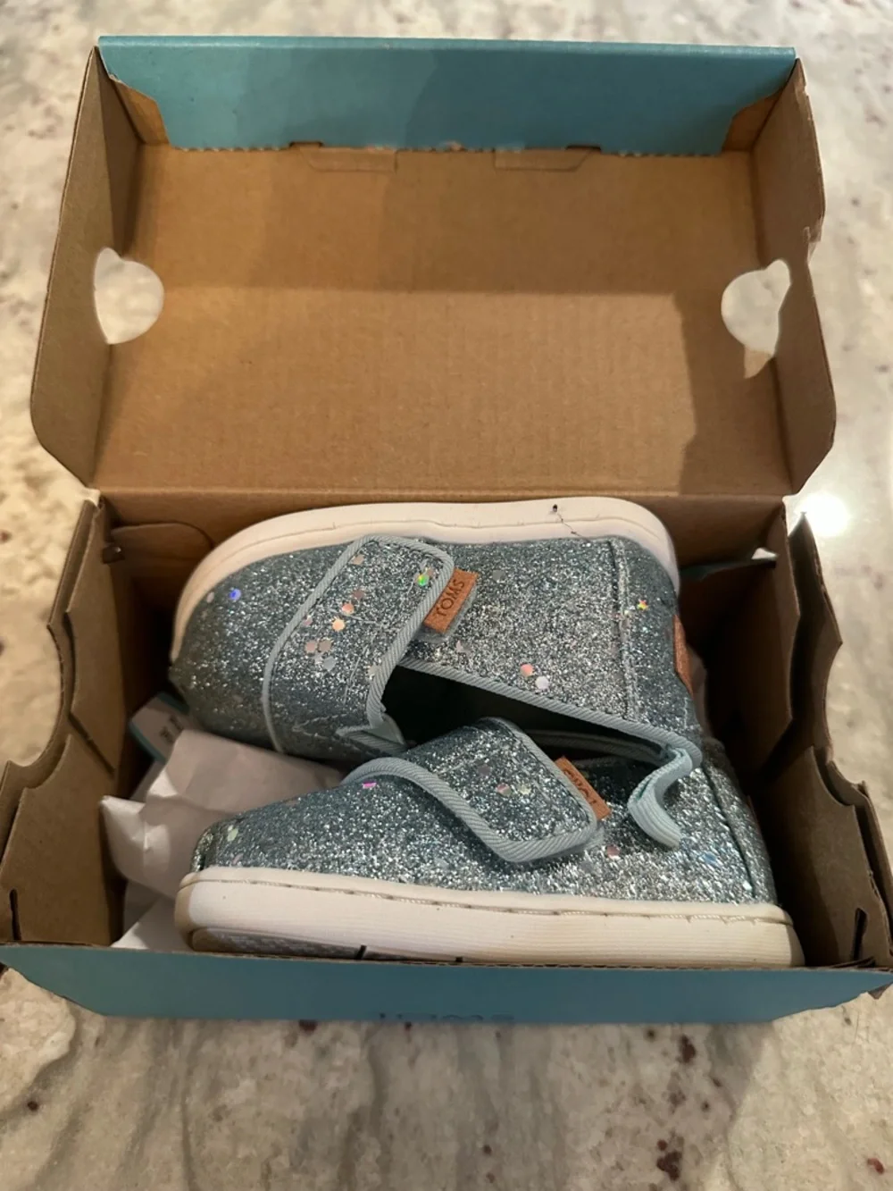 TOMS Glitter Slip On Shoes Kids Size 4 NIB Blue Sparkle Toddler Sneakers
